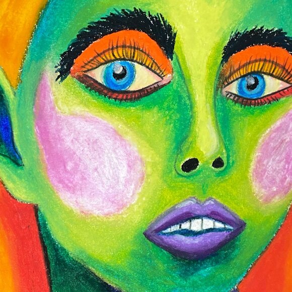 Green Girl with Flower Necklace Original Oil Pastel Painting 11x14in Matted - Picture 5 of 8